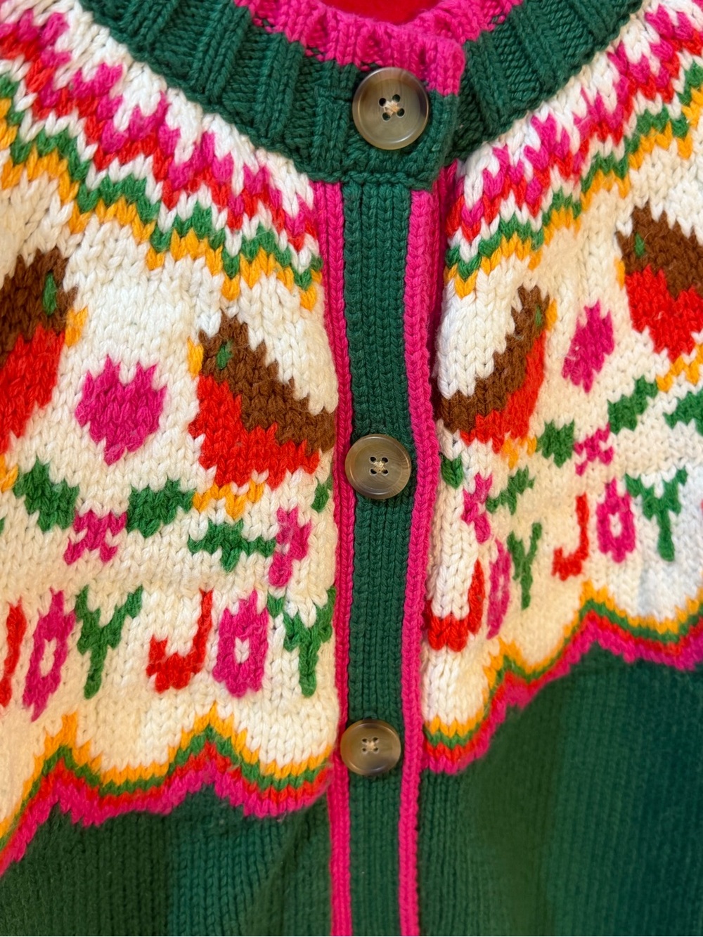 Lands’ End Lofty Birdseye Fair Isle Cardigan Sweater XL Green/Pink Grandmacore - Picture 4 of 8